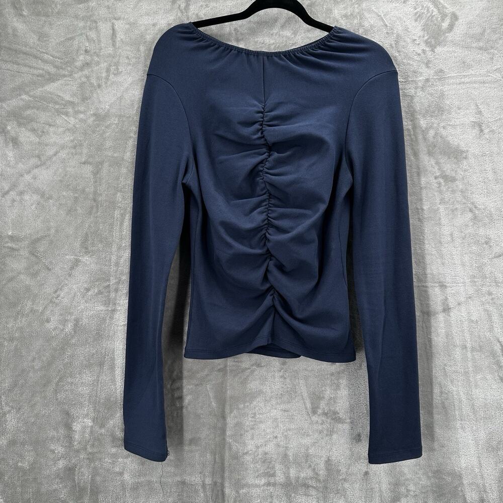 Toit Volant Top Womens Large‎ Blue Long Sleeve Ruched Elegant Modest Career
